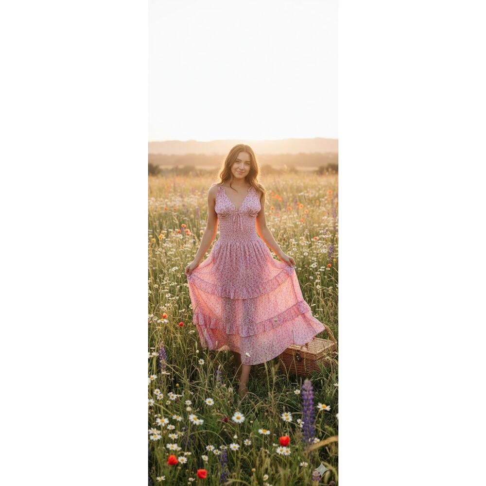 Floral Smocked Maxi Dress Boho Cottagecore Tiered‎ Ruffle Prairie coquette M